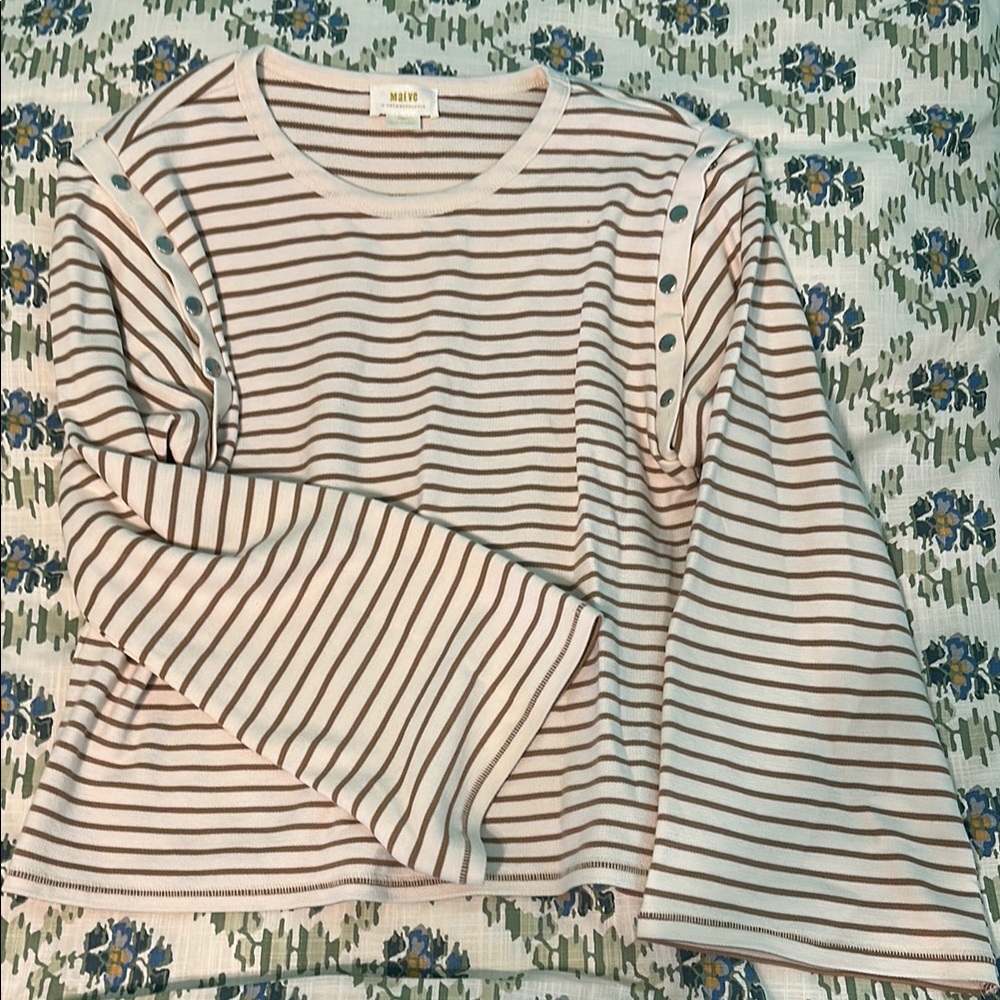 Maeve Striped Beige Top with Button Detail